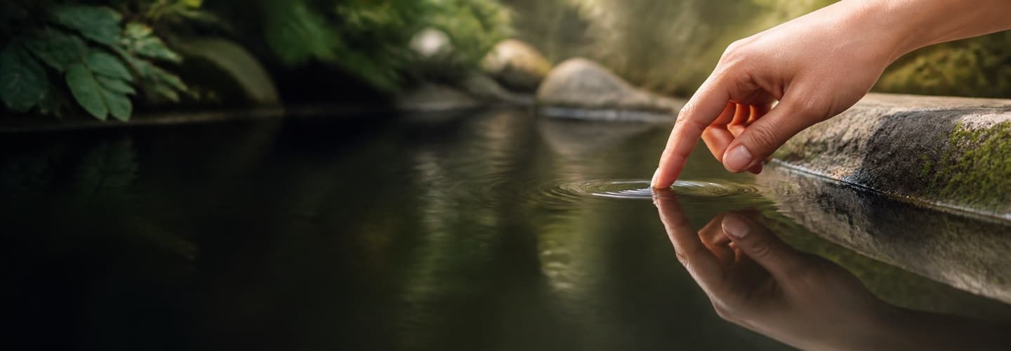 A fingertip touching still water and creating gentle ripples