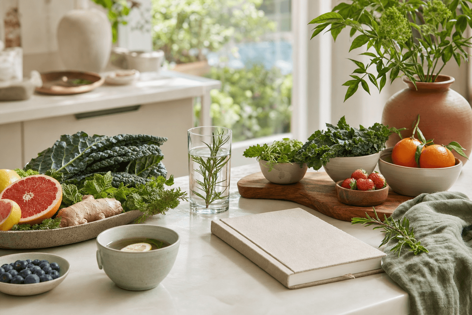 Whole foods, herbs, and a notebook arranged for a nutrition reset